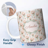 Personalized Custom Name Pastel Protea Flowers with Minimal Leaves Seamless Pattern Lovely 11oz Ceramic Coffee Tea Mug White Large Handle