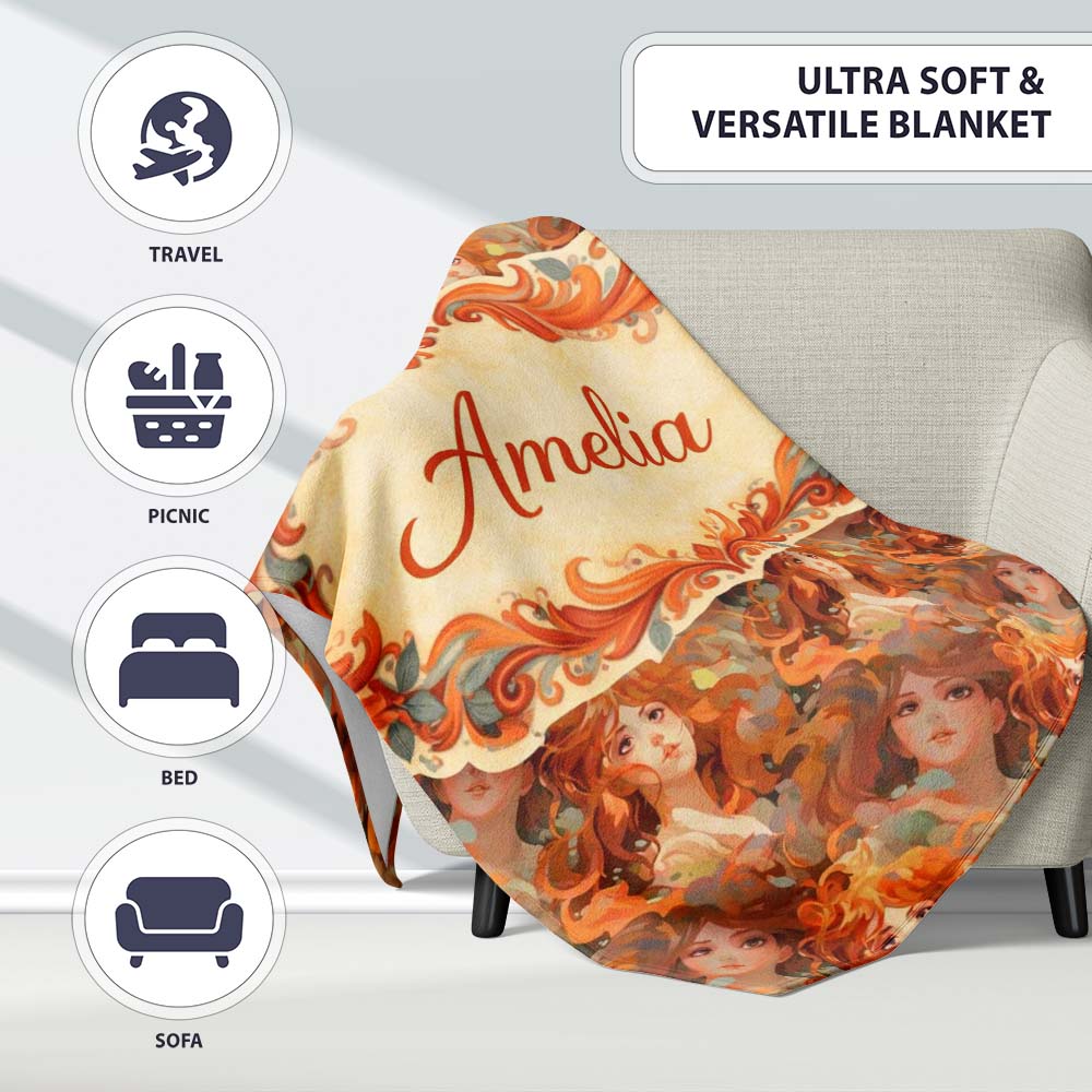 Abstract Woman Portrait Flowing Hair Artistic Pattern Lovely  Personalised Custom Name Super Soft Fleece Blanket Bed Sofa Throw
