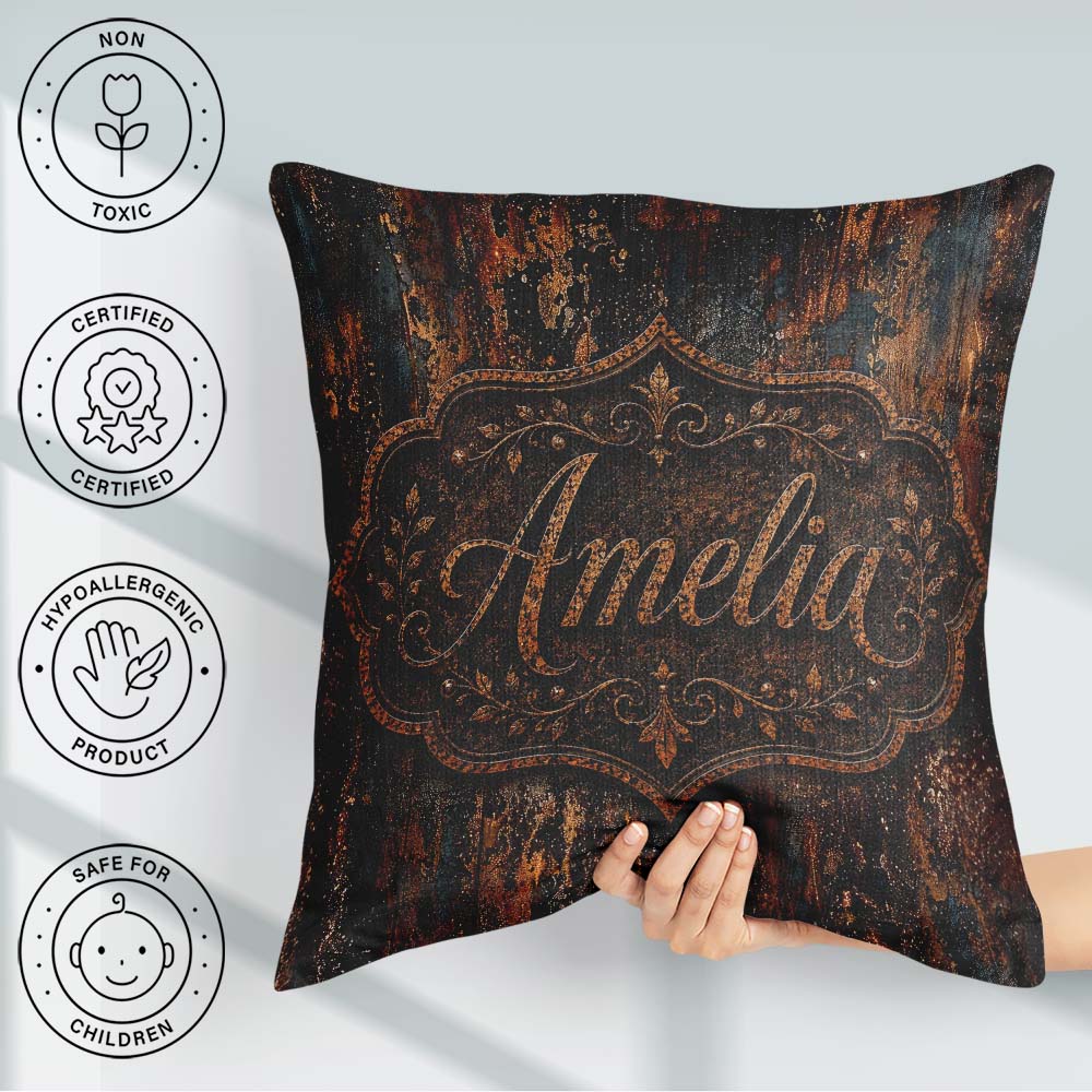 Custom Name Rust and Gold Splatter Dark Metallic Grunge Seamless Square Filled Cushion Throw Pillow Sofa Bed Home Decor Zip Washable UK Made