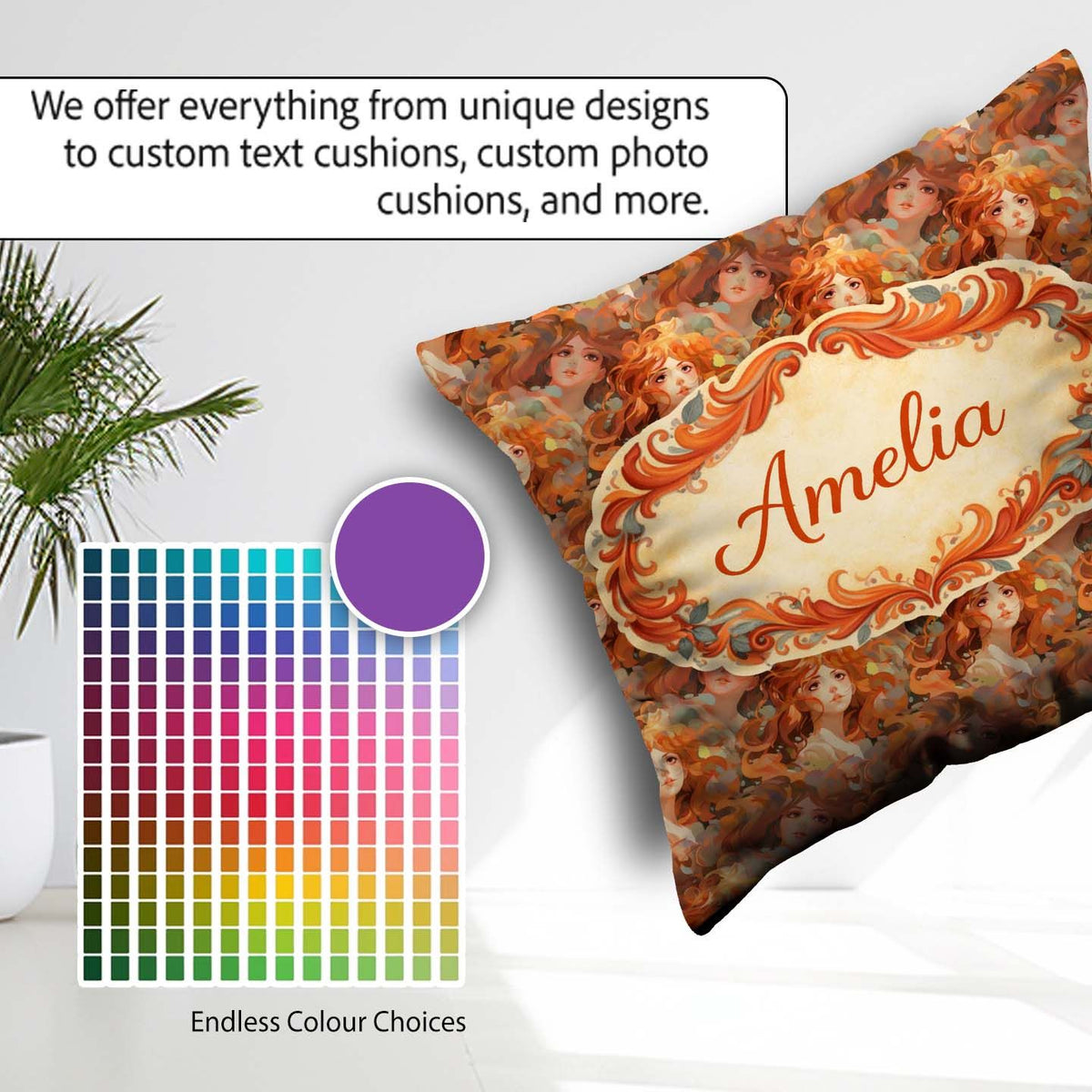 Custom Name Abstract Woman Portrait Flowing Hair Artistic Lovely Square Filled Cushion Throw Pillow Sofa Bed Home Decor Zip Washable UK Made