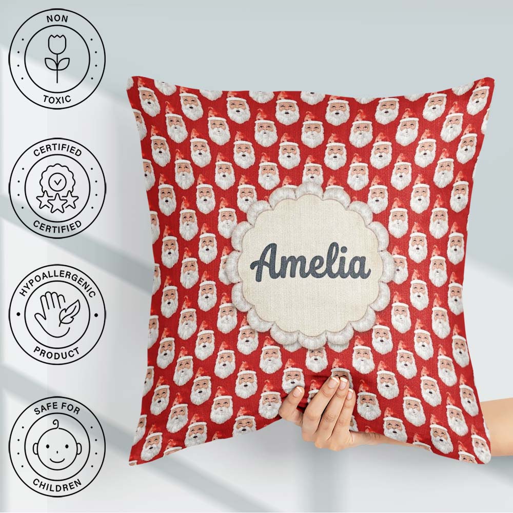 Custom Name Christmas Santa Seamless Pattern Red Festive Holiday Square Filled Cushion Throw Pillow Sofa Bed Home Decor Zip Washable UK Made