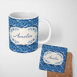 Personalized Custom Name Blue Bird Floral Branch Silhouette Blue Tone Seamless Pattern Lovely 11oz Ceramic Coffee Tea Mug White Large Handle