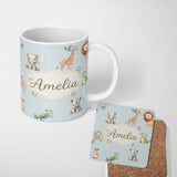 Personalized Custom Name Safari Animals with Elephant Lion and Crocodile on Soft Blue Lovely 11oz Ceramic Coffee Tea Mug White Large Handle
