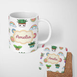 Personalized Custom Name Cute Kawaii Rainbow Sun Flowers Plant Pots Seamless Pattern Grey 11oz Ceramic Coffee Tea Mug White Large Handle