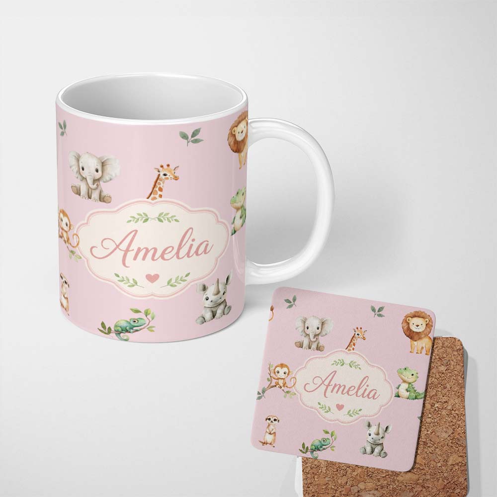 Personalized Custom Name Safari Animals with Elephant Lion and Crocodile on Soft Pink Lovely 11oz Ceramic Coffee Tea Mug White Large Handle