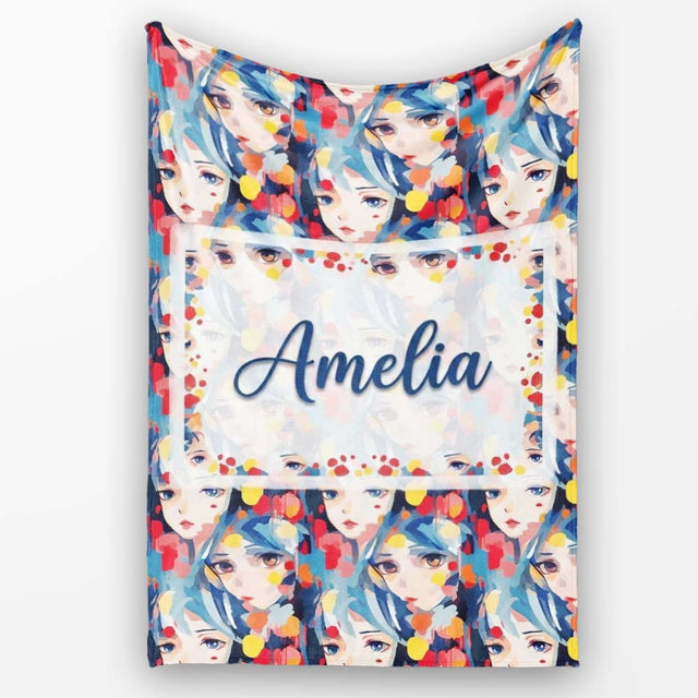 Anime Girl Blue Hair Paint Splash Artistic Pattern Cute Unique Gift  Personalised Custom Name Super Soft Fleece Blanket Bed Sofa Throw