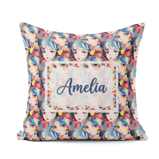 Custom Name Anime Girl Blue Hair Paint Splash Artistic Pattern Square Filled Cushion Throw Pillow Sofa Bed Home Decor Zip Washable UK Made