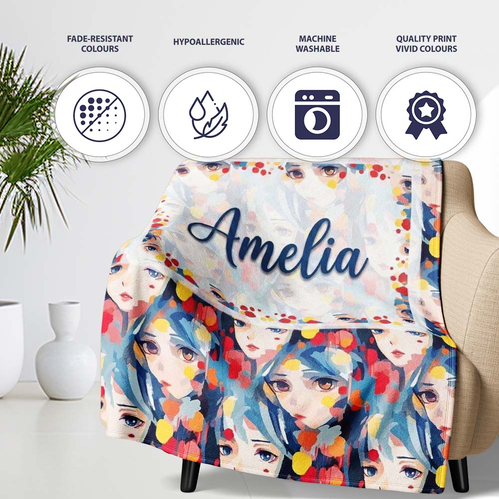 Anime Girl Blue Hair Paint Splash Artistic Pattern Cute Unique Gift  Personalised Custom Name Super Soft Fleece Blanket Bed Sofa Throw