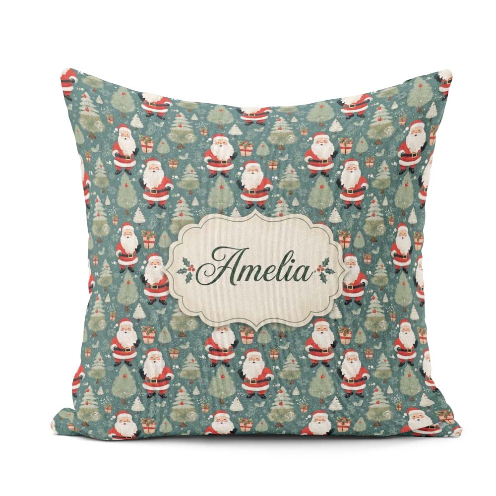 Custom Name Santa Trees Gifts Snowflakes Teal Christmas Festive Square Filled Cushion Throw Pillow Sofa Bed Home Decor Zip Washable UK Made