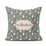 Custom Name Santa Trees Gifts Snowflakes Teal Christmas Festive Square Filled Cushion Throw Pillow Sofa Bed Home Decor Zip Washable UK Made