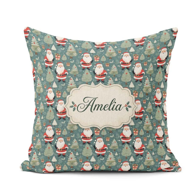 Custom Name Santa Trees Gifts Snowflakes Teal Christmas Festive Square Filled Cushion Throw Pillow Sofa Bed Home Decor Zip Washable UK Made