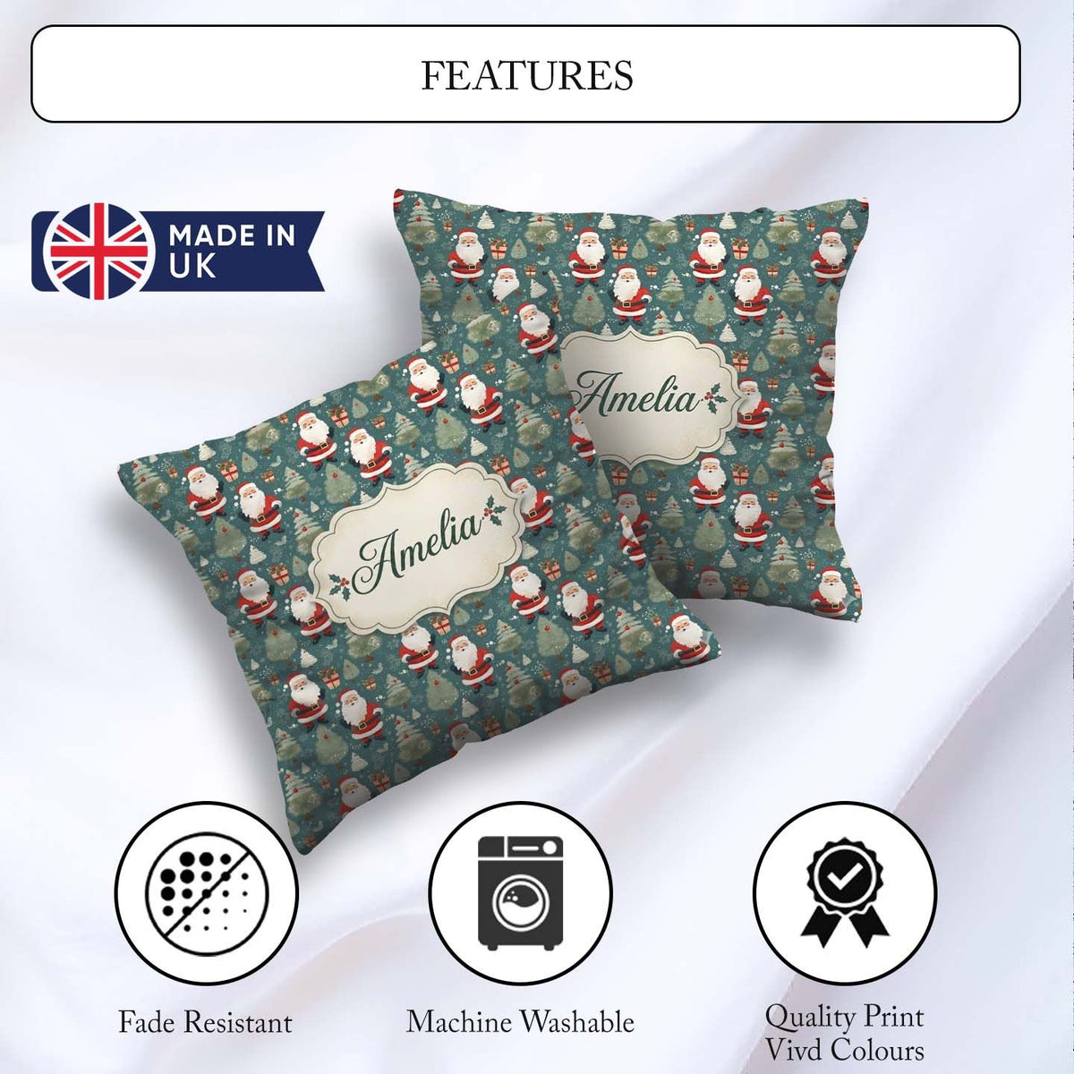 Custom Name Santa Trees Gifts Snowflakes Teal Christmas Festive Square Filled Cushion Throw Pillow Sofa Bed Home Decor Zip Washable UK Made