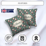 Custom Name Santa Trees Gifts Snowflakes Teal Christmas Festive Square Filled Cushion Throw Pillow Sofa Bed Home Decor Zip Washable UK Made