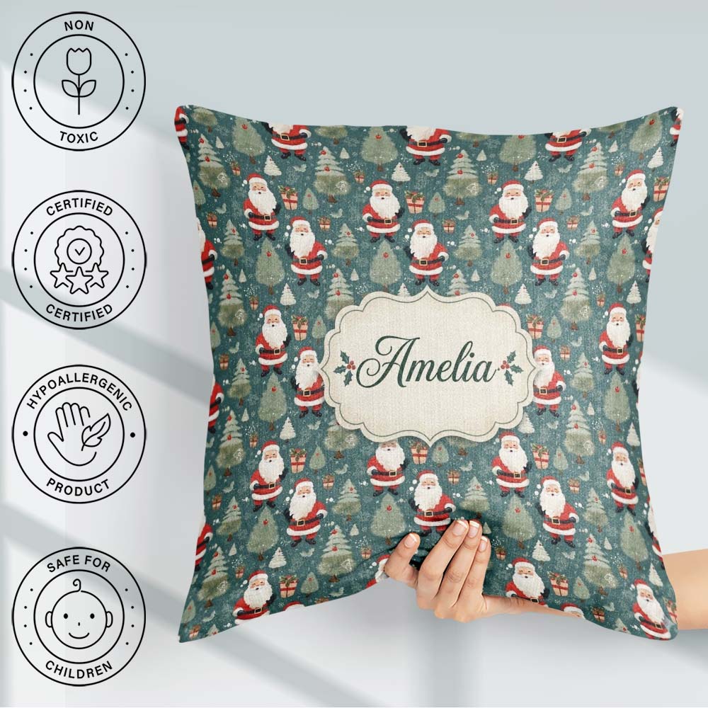 Custom Name Santa Trees Gifts Snowflakes Teal Christmas Festive Square Filled Cushion Throw Pillow Sofa Bed Home Decor Zip Washable UK Made