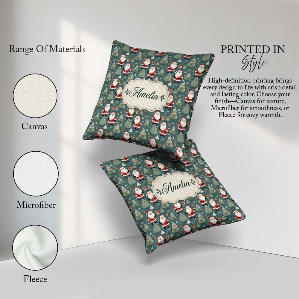 Custom Name Santa Trees Gifts Snowflakes Teal Christmas Festive Square Filled Cushion Throw Pillow Sofa Bed Home Decor Zip Washable UK Made