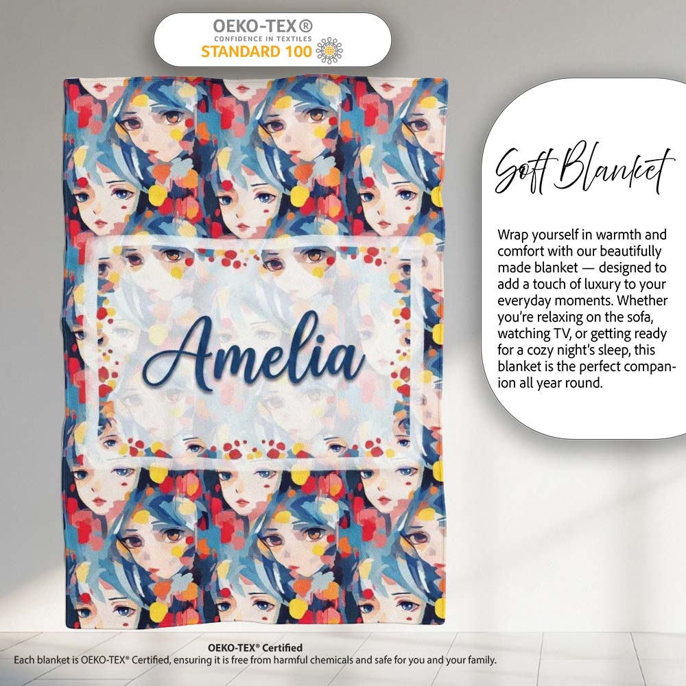 Anime Girl Blue Hair Paint Splash Artistic Pattern Cute Unique Gift  Personalised Custom Name Super Soft Fleece Blanket Bed Sofa Throw