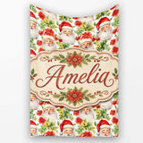 Watercolor Santa Faces Poinsettia Flowers Christmas Soft Festive  Personalised Custom Name Super Soft Fleece Blanket Bed Sofa Throw