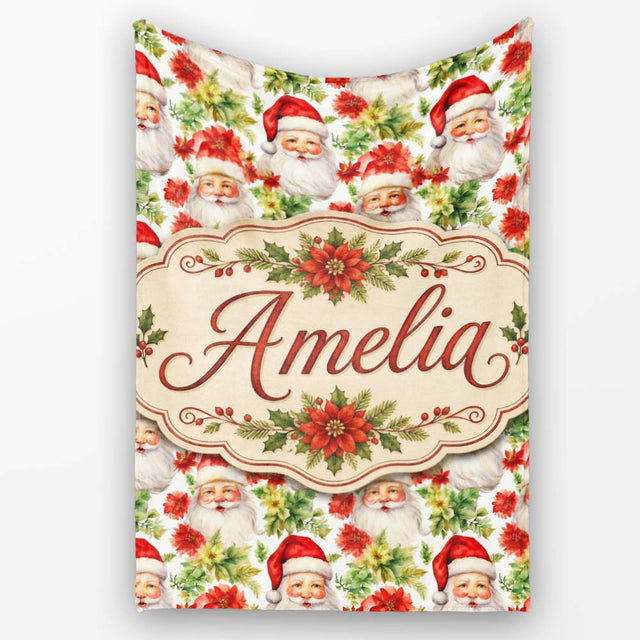 Watercolor Santa Faces Poinsettia Flowers Christmas Soft Festive  Personalised Custom Name Super Soft Fleece Blanket Bed Sofa Throw