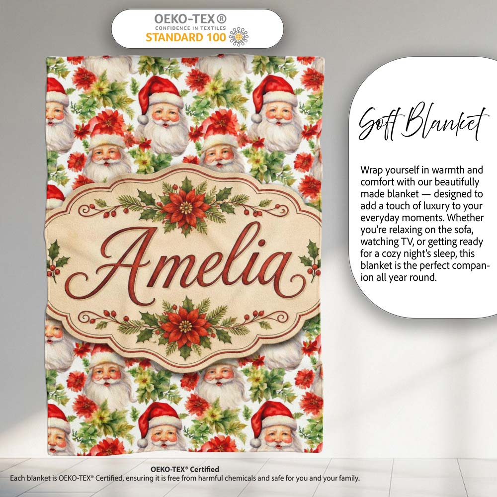Watercolor Santa Faces Poinsettia Flowers Christmas Soft Festive  Personalised Custom Name Super Soft Fleece Blanket Bed Sofa Throw
