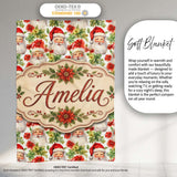 Watercolor Santa Faces Poinsettia Flowers Christmas Soft Festive  Personalised Custom Name Super Soft Fleece Blanket Bed Sofa Throw