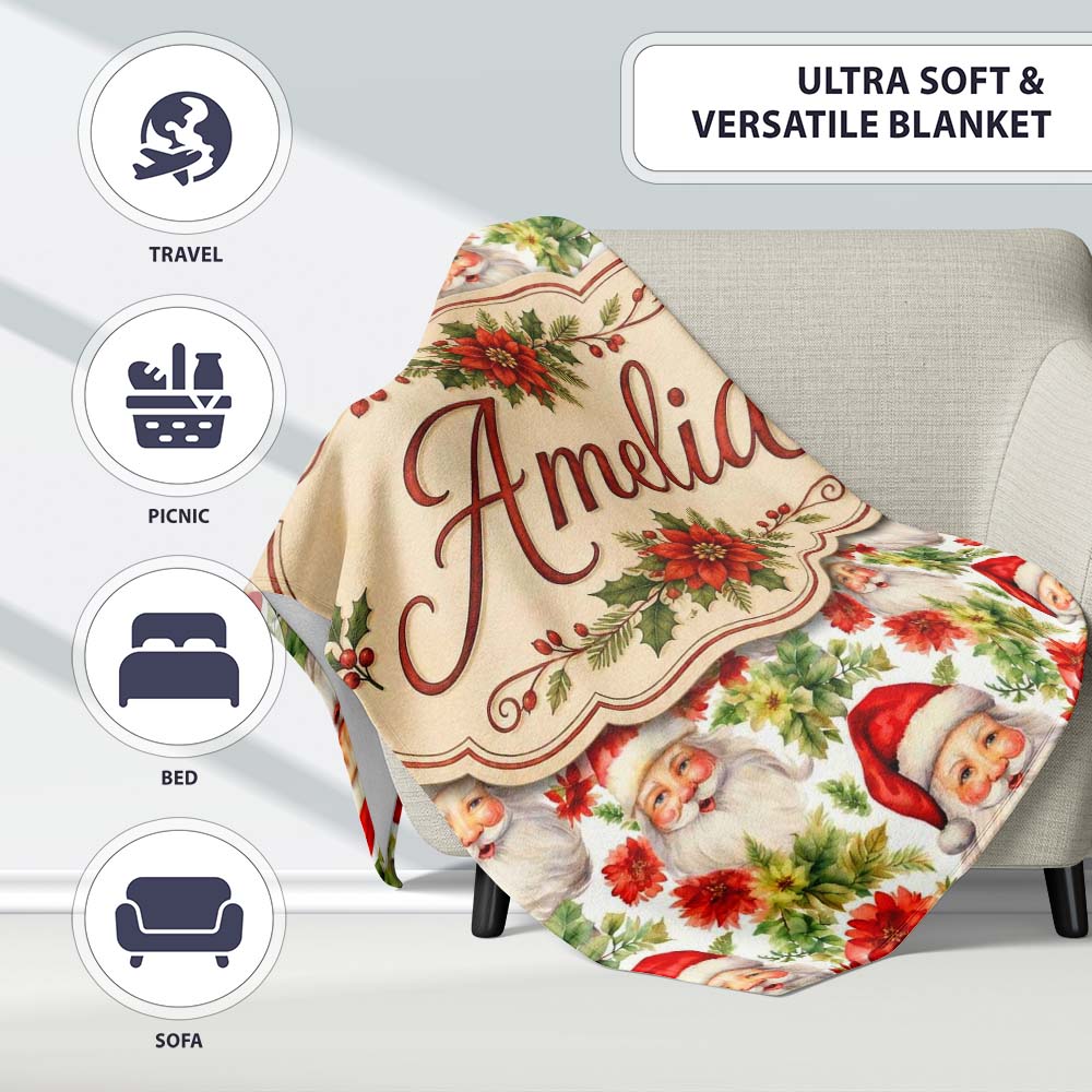 Watercolor Santa Faces Poinsettia Flowers Christmas Soft Festive  Personalised Custom Name Super Soft Fleece Blanket Bed Sofa Throw