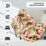 Watercolor Santa Faces Poinsettia Flowers Christmas Soft Festive  Personalised Custom Name Super Soft Fleece Blanket Bed Sofa Throw