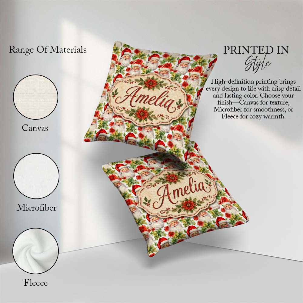 Custom Name Watercolor Poinsettia Flowers Christmas Soft Festive Square Filled Cushion Throw Pillow Sofa Bed Home Decor Zip Washable UK Made
