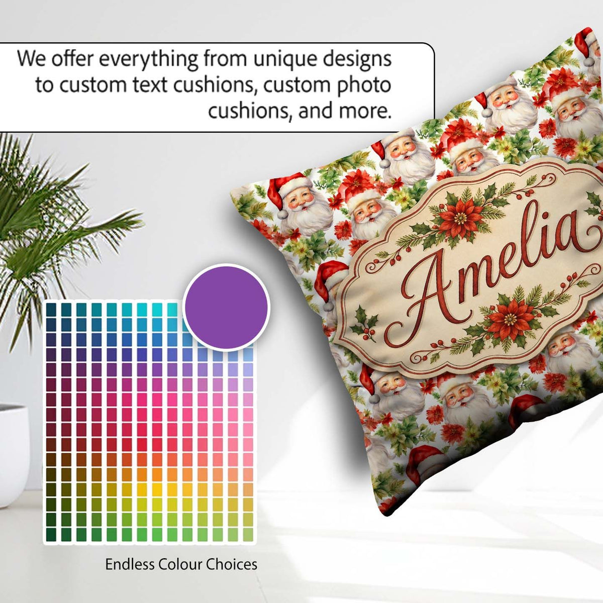 Custom Name Watercolor Poinsettia Flowers Christmas Soft Festive Square Filled Cushion Throw Pillow Sofa Bed Home Decor Zip Washable UK Made