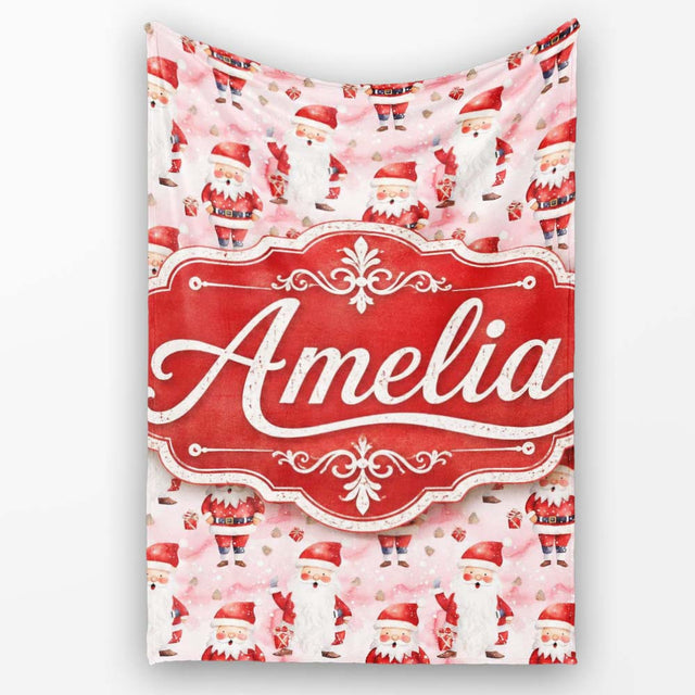 Cute Cartoon Santa Pink Snow Gift Pattern Whimsical Christmas Lovely  Personalised Custom Name Super Soft Fleece Blanket Bed Sofa Throw