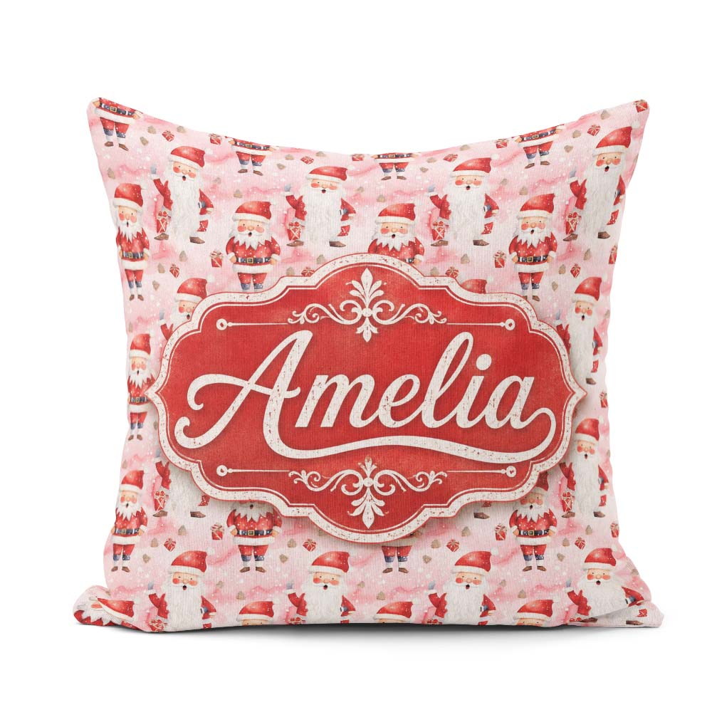 Custom Name Cartoon Santa Pink Snow Pattern Whimsical Christmas Square Filled Cushion Throw Pillow Sofa Bed Home Decor Zip Washable UK Made