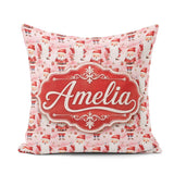 Custom Name Cartoon Santa Pink Snow Pattern Whimsical Christmas Square Filled Cushion Throw Pillow Sofa Bed Home Decor Zip Washable UK Made