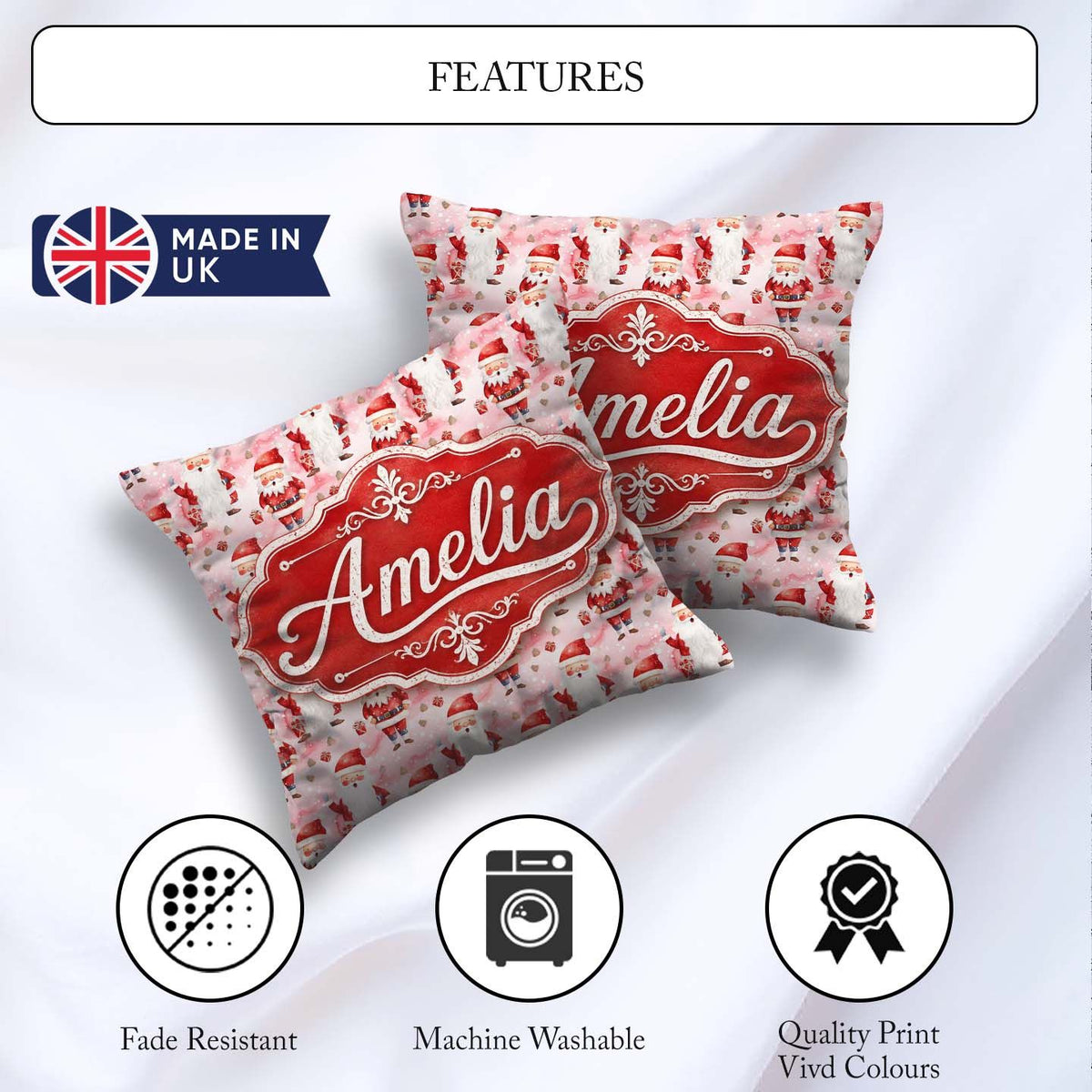Custom Name Cartoon Santa Pink Snow Pattern Whimsical Christmas Square Filled Cushion Throw Pillow Sofa Bed Home Decor Zip Washable UK Made