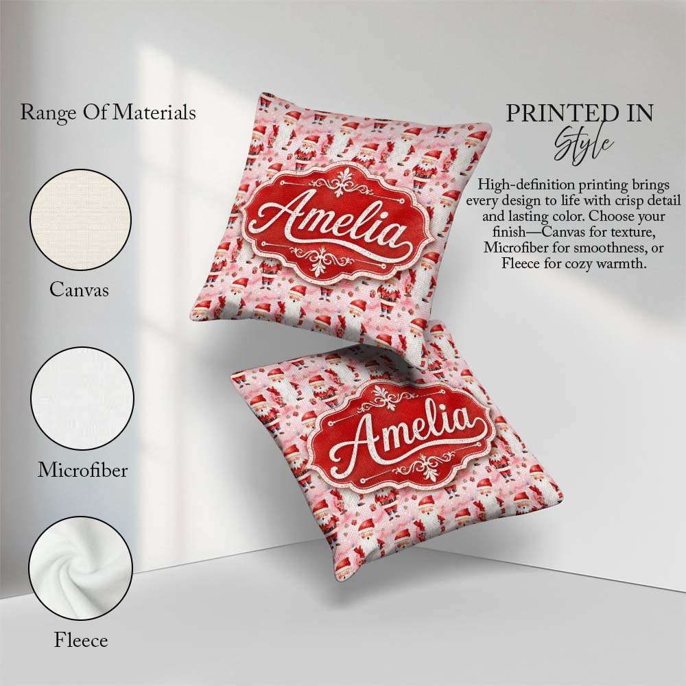 Custom Name Cartoon Santa Pink Snow Pattern Whimsical Christmas Square Filled Cushion Throw Pillow Sofa Bed Home Decor Zip Washable UK Made