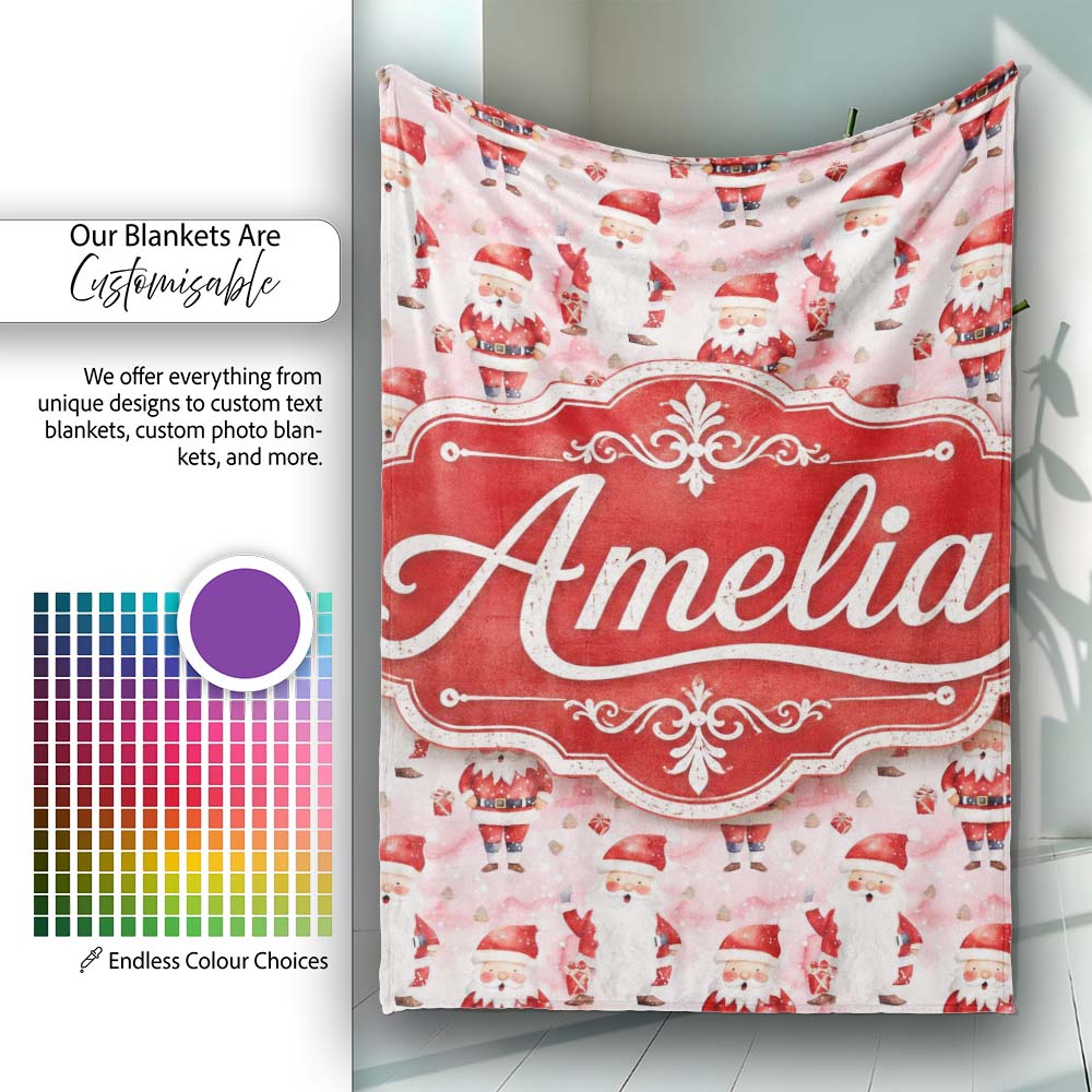 Cute Cartoon Santa Pink Snow Gift Pattern Whimsical Christmas Lovely  Personalised Custom Name Super Soft Fleece Blanket Bed Sofa Throw