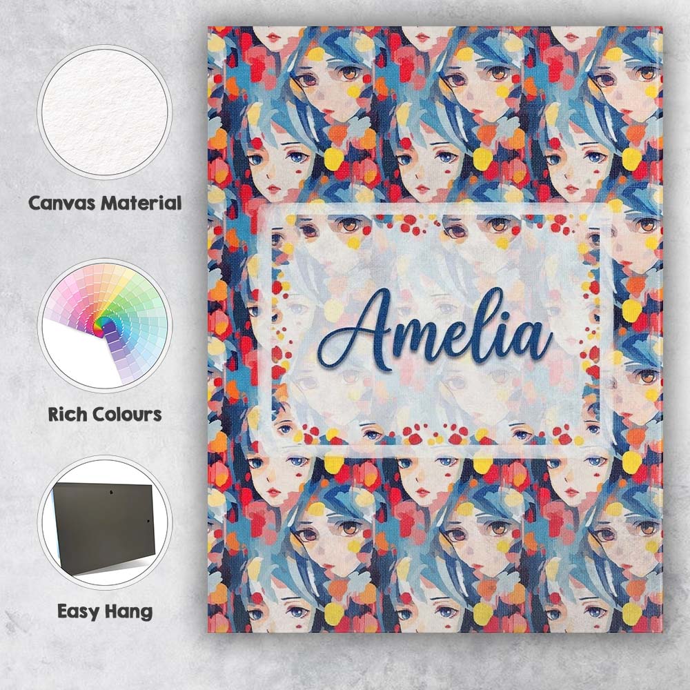 Personalised Name Anime Girl Blue Hair Paint Splash Artistic Pattern Custom  Home Canvas Wall Art Print Decor Picture Ready to Hang