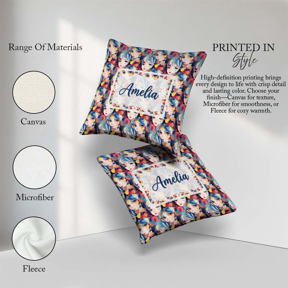 Custom Name Anime Girl Blue Hair Paint Splash Artistic Pattern Square Filled Cushion Throw Pillow Sofa Bed Home Decor Zip Washable UK Made