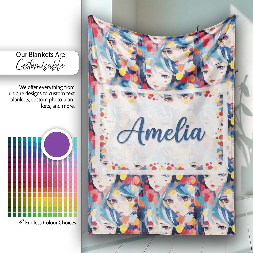 Anime Girl Blue Hair Paint Splash Artistic Pattern Cute Unique Gift  Personalised Custom Name Super Soft Fleece Blanket Bed Sofa Throw