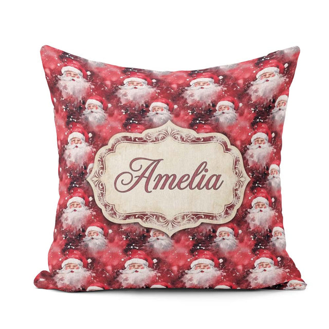 Custom Name Watercolor Santa Faces Splash Background Snow Effect Square Filled Cushion Throw Pillow Sofa Bed Home Decor Zip Washable UK Made