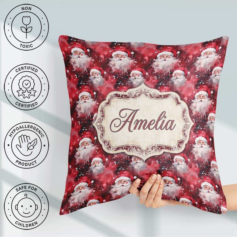 Custom Name Watercolor Santa Faces Splash Background Snow Effect Square Filled Cushion Throw Pillow Sofa Bed Home Decor Zip Washable UK Made