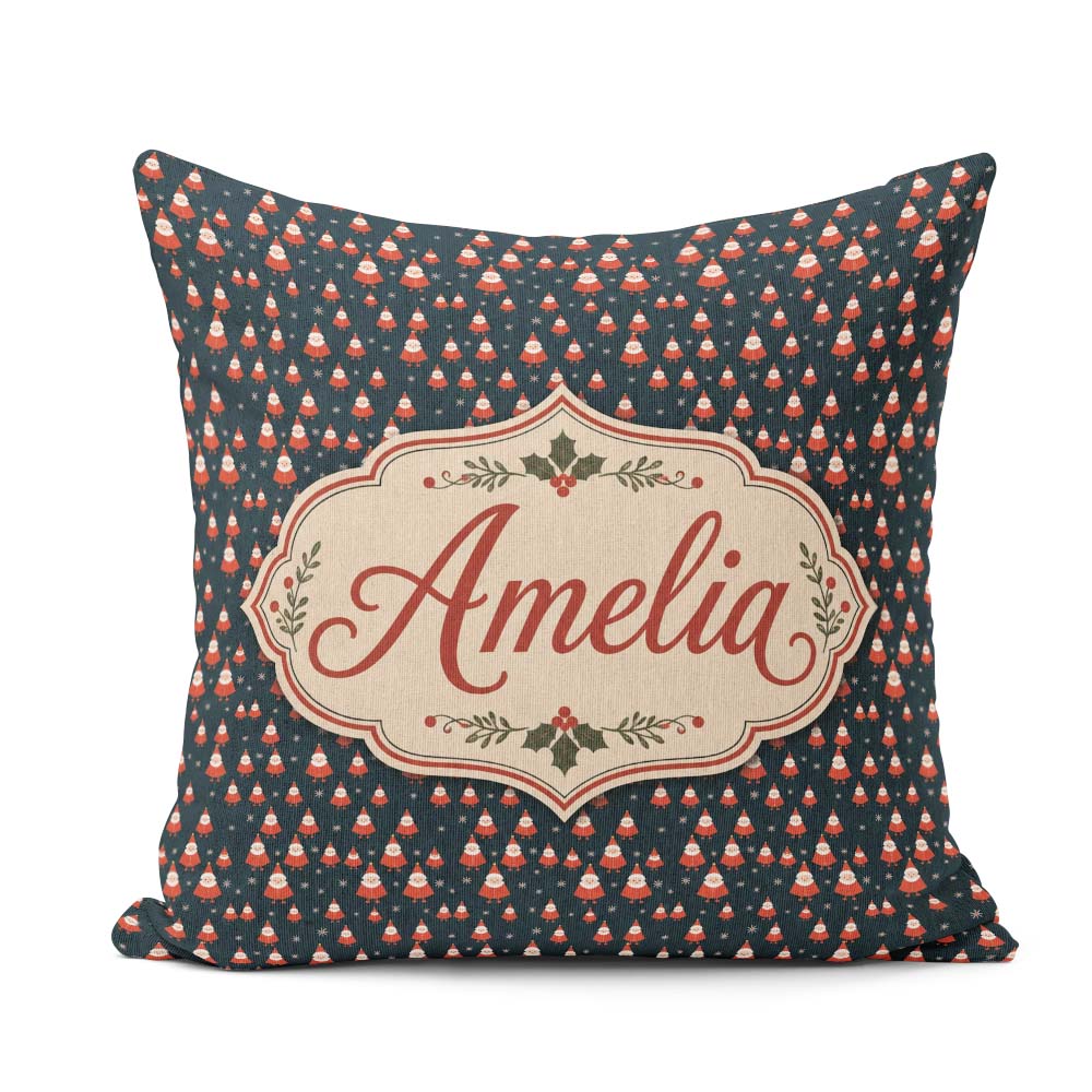 Custom Name Tiny Santa Star Snow Dark Blue Christmas Cute Repeat Square Filled Cushion Throw Pillow Sofa Bed Home Decor Zip Washable UK Made