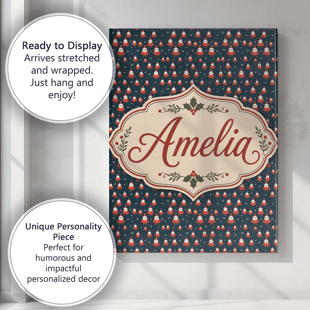 Personalised Name Tiny Santa Star Snow Dark Custom  Bespoke Interior Contemporary Canvas Wall Art Print Decor Picture Ready to Hang