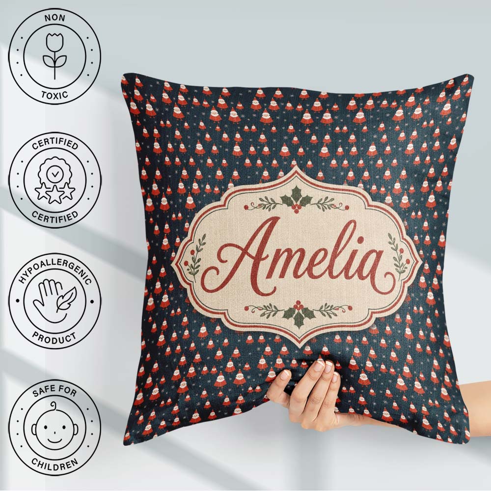 Custom Name Tiny Santa Star Snow Dark Blue Christmas Cute Repeat Square Filled Cushion Throw Pillow Sofa Bed Home Decor Zip Washable UK Made