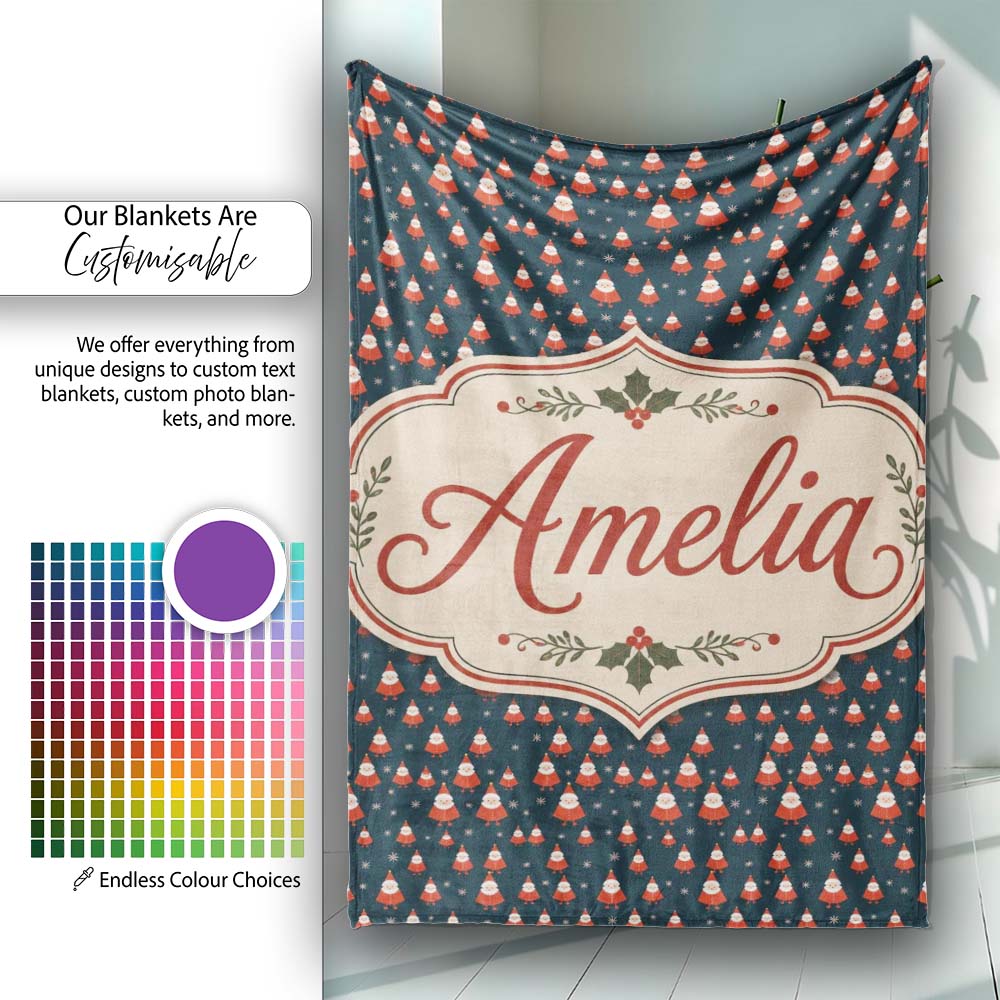 Tiny Santa Star Snow Dark Blue Christmas Cute Festive Repeat Lovely  Personalised Custom Name Super Soft Fleece Blanket Bed Sofa Throw