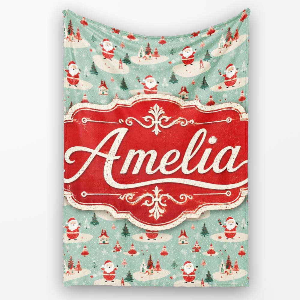 Santa Village Trees Houses Snowy Landscape Christmas Festive Scene  Personalised Custom Name Super Soft Fleece Blanket Bed Sofa Throw