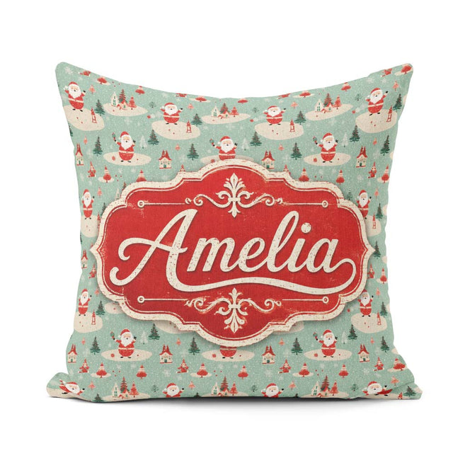 Custom Name Santa Village Trees Houses Snowy Landscape Christmas Square Filled Cushion Throw Pillow Sofa Bed Home Decor Zip Washable UK Made