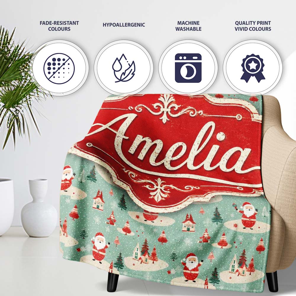 Santa Village Trees Houses Snowy Landscape Christmas Festive Scene  Personalised Custom Name Super Soft Fleece Blanket Bed Sofa Throw