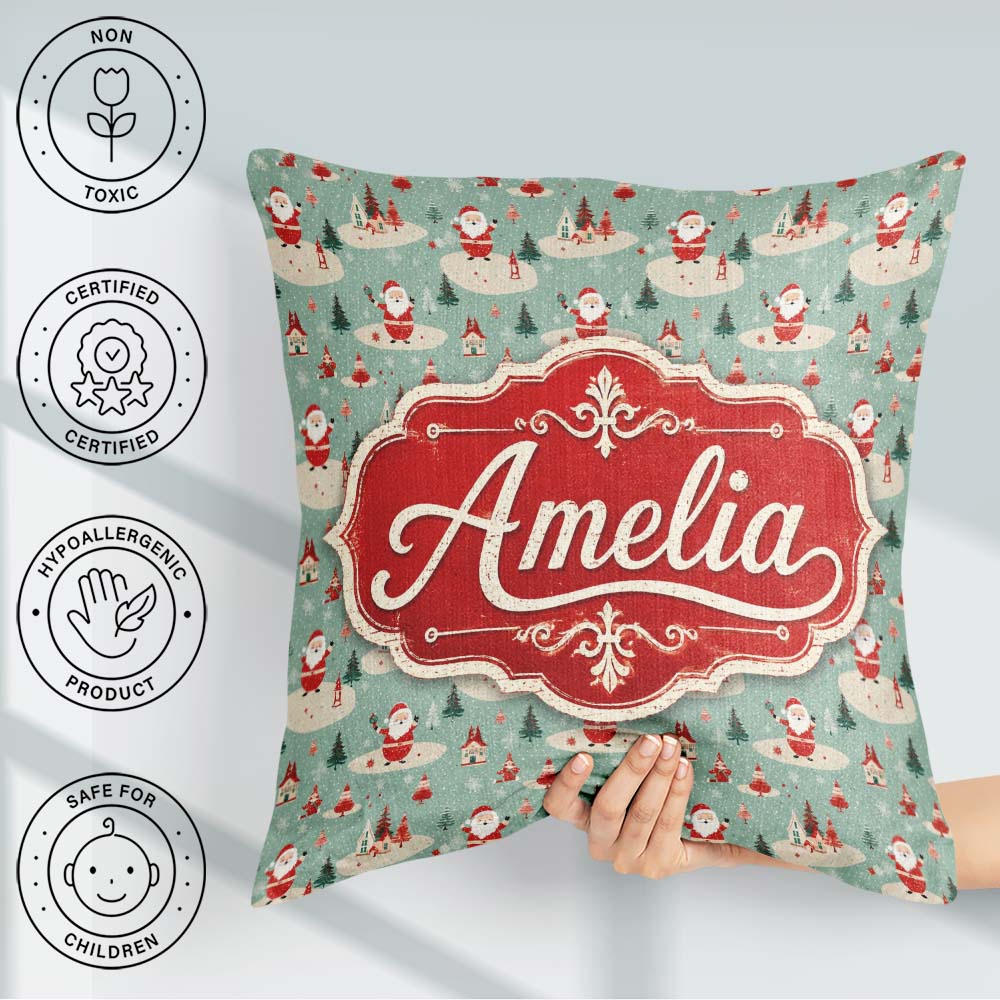 Custom Name Santa Village Trees Houses Snowy Landscape Christmas Square Filled Cushion Throw Pillow Sofa Bed Home Decor Zip Washable UK Made