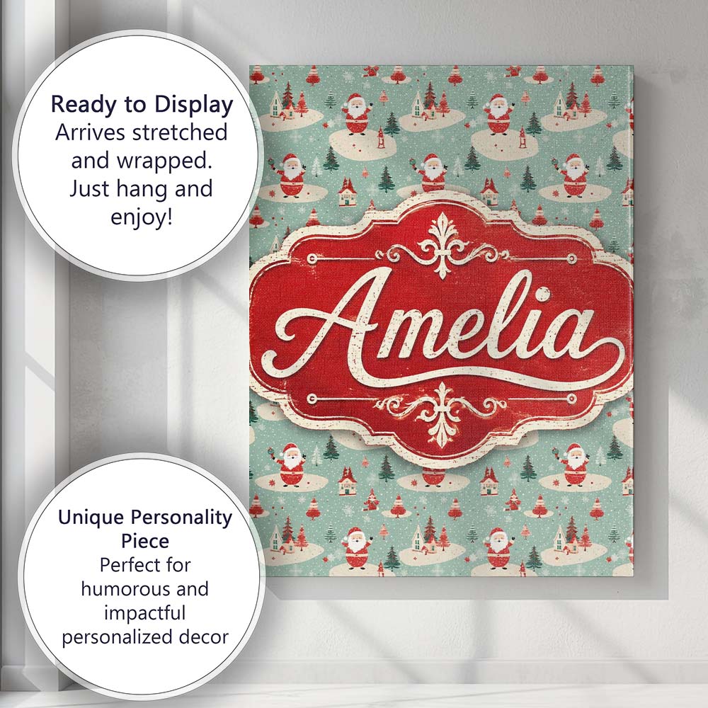 Personalised Name Santa Village Trees Custom Modern Room Accent Creative Decorator Style Canvas Wall Art Print Decor Picture Ready to Hang