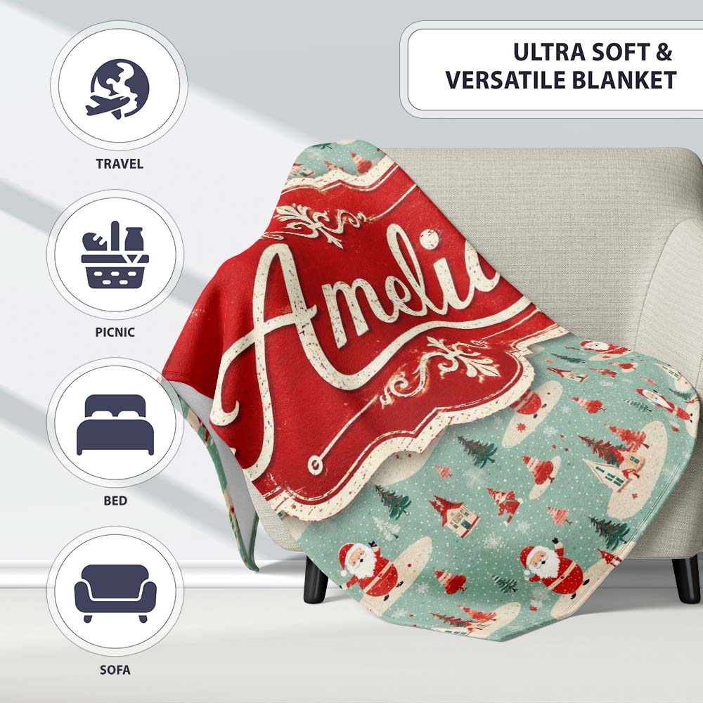 Santa Village Trees Houses Snowy Landscape Christmas Festive Scene  Personalised Custom Name Super Soft Fleece Blanket Bed Sofa Throw