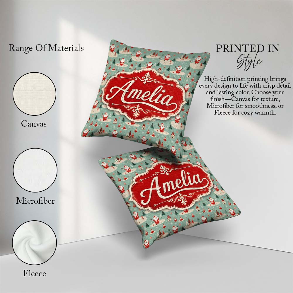 Custom Name Santa Village Trees Houses Snowy Landscape Christmas Square Filled Cushion Throw Pillow Sofa Bed Home Decor Zip Washable UK Made